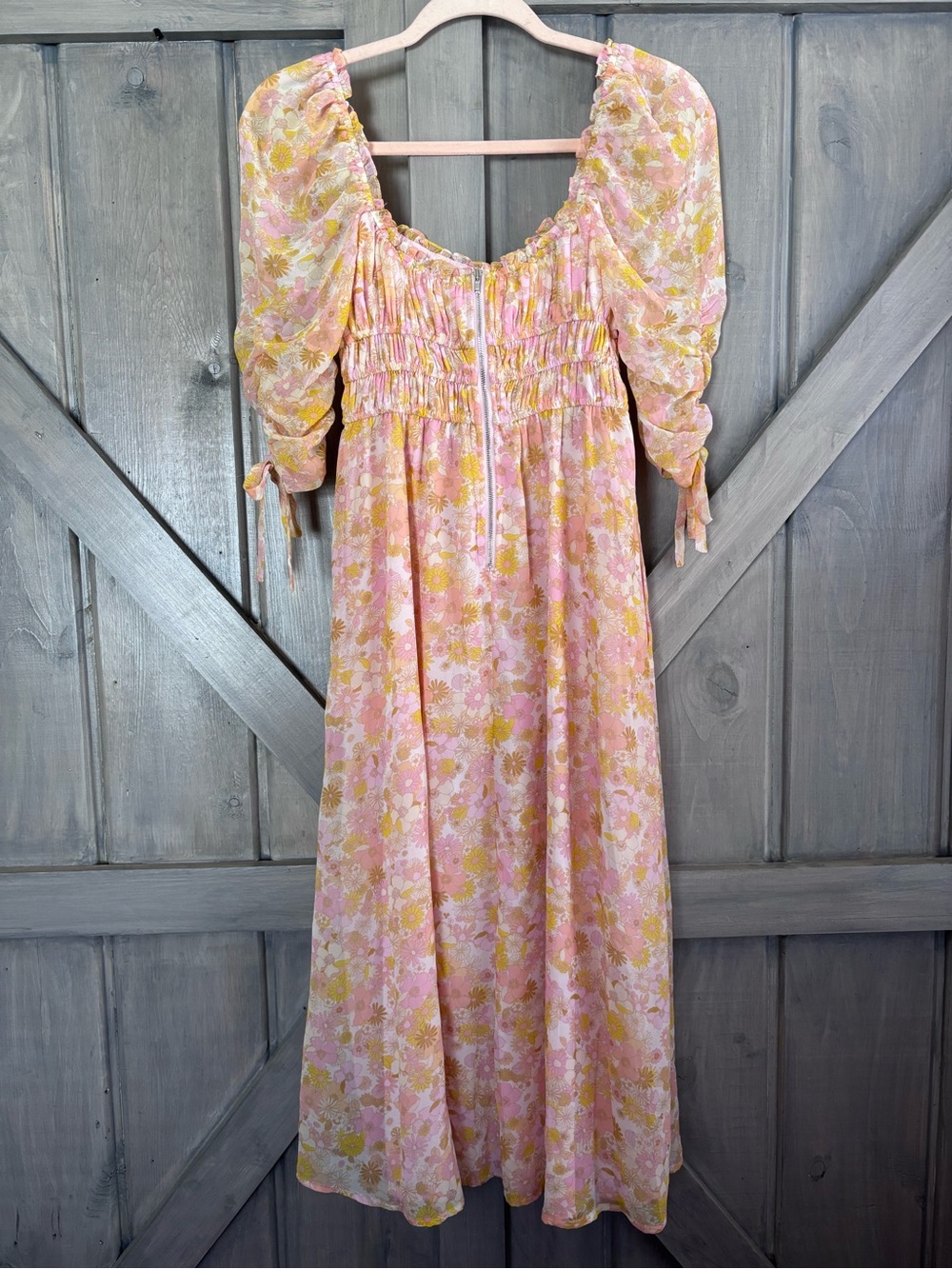 For love and lemons Eden‎ Floral Midi Dress pink yellow ruched bow sleeves XS - Picture 4 of 15